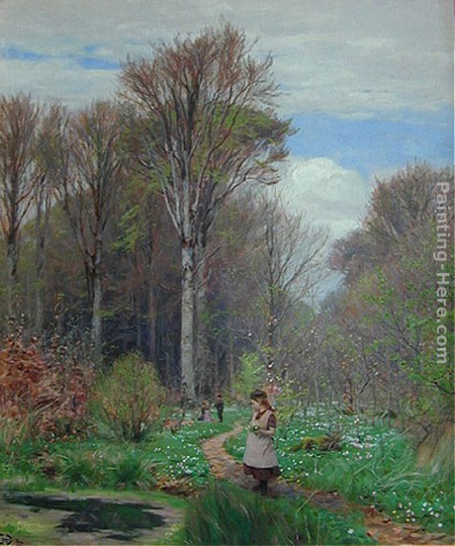 Picking Anemones in Hunderup Forest painting - Hans Anderson Brendekilde Picking Anemones in Hunderup Forest art painting